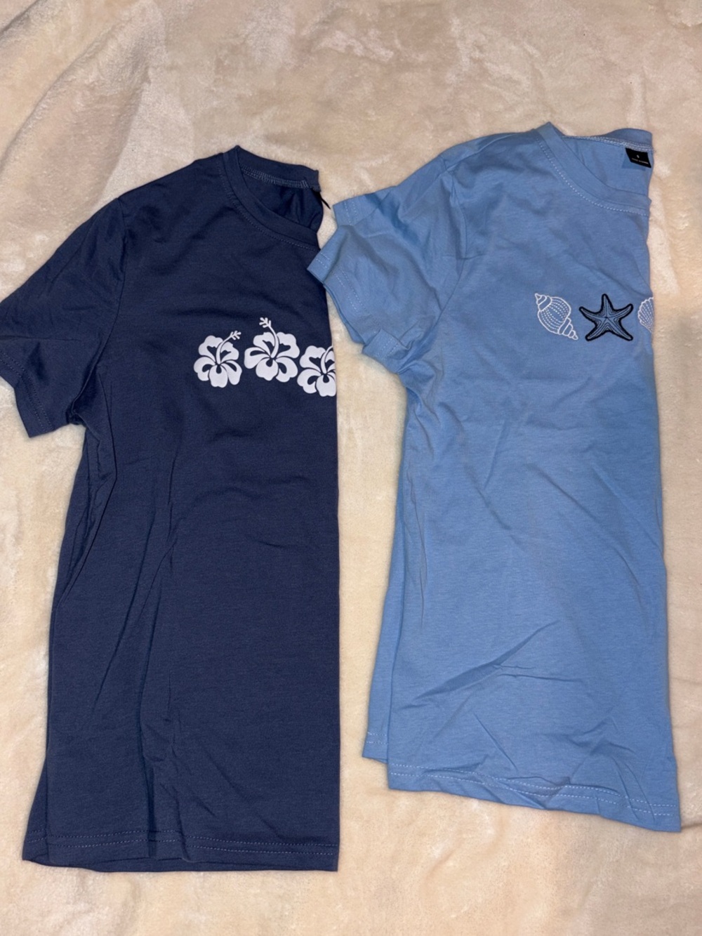 Short Sleeve Floral & Seashell Graphic Tee Set - Navy & Light Blue